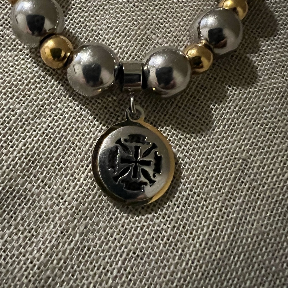Rustic Cuff Silver and Gold Beaded Bracelet with Charm - Picture 2 of 5